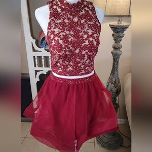 Jodi Kristopher Red Lace Embellished Two-Piece Set Formal Mini And Top Size 3
